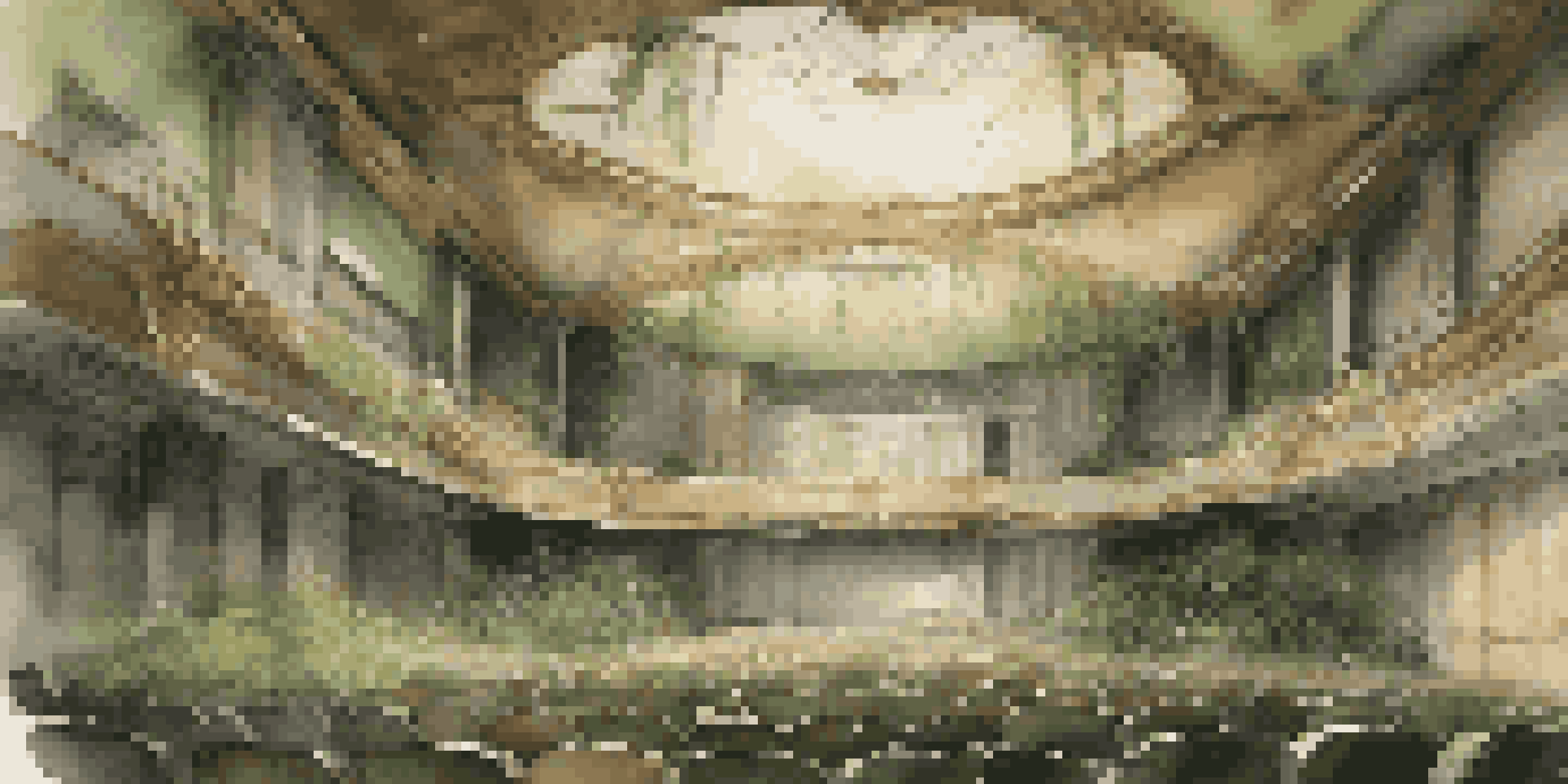 An abandoned theater interior overgrown with plants, featuring cracked walls and faded seats, illuminated by soft light.