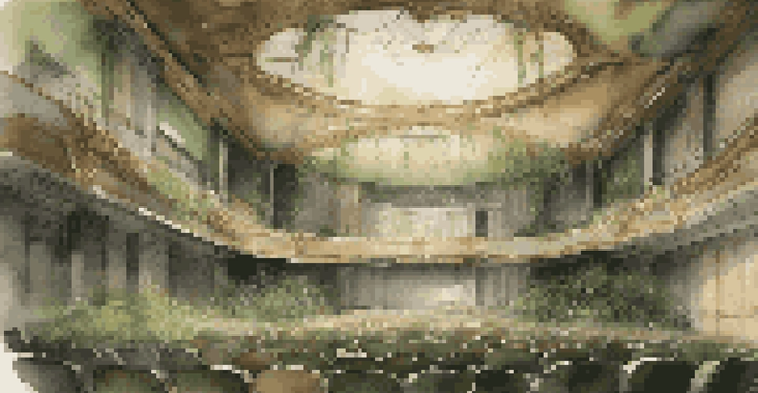 An abandoned theater interior overgrown with plants, featuring cracked walls and faded seats, illuminated by soft light.