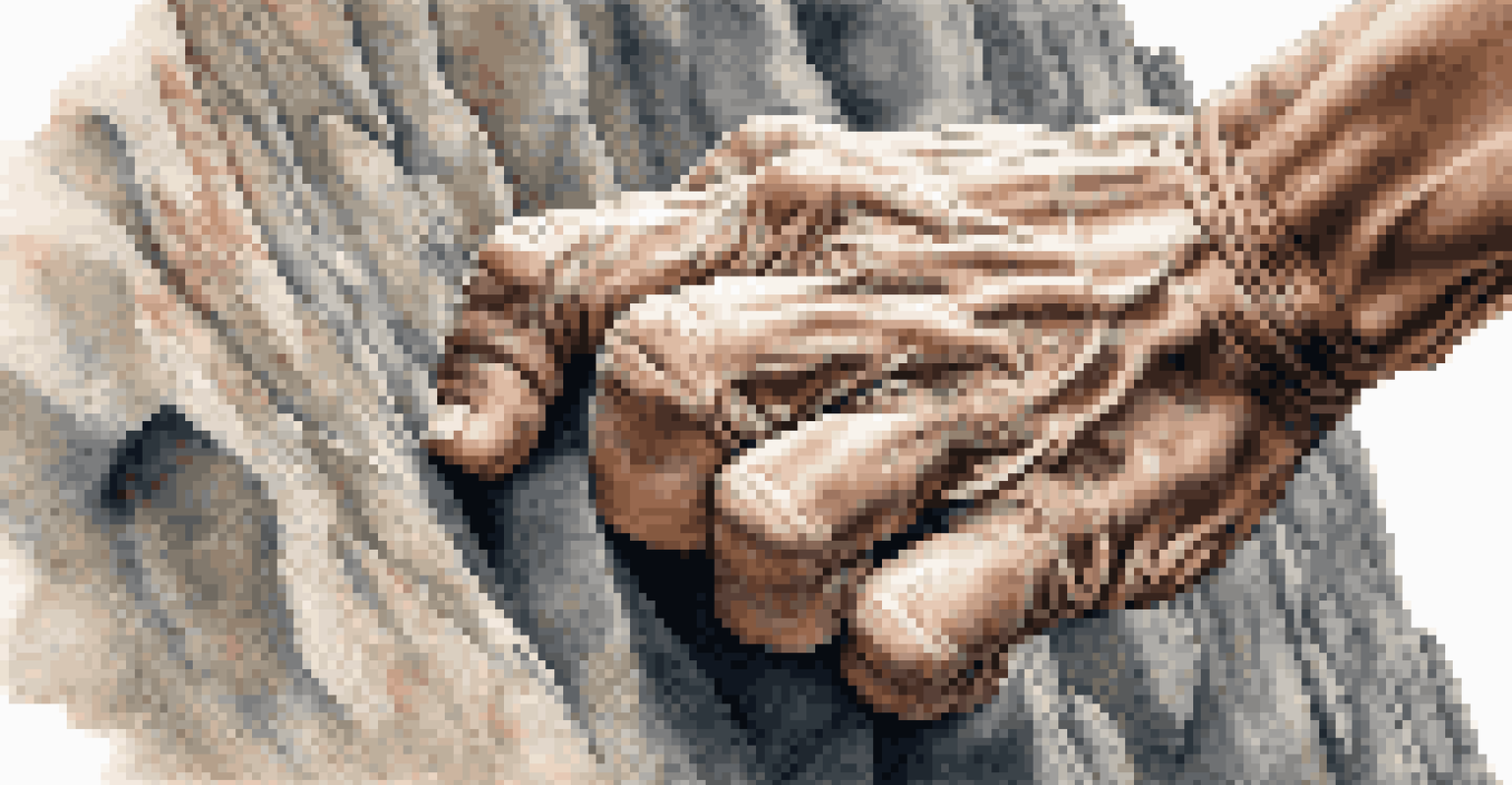 A climber's hands gripping a natural rock hold, highlighting the textures of the rock.