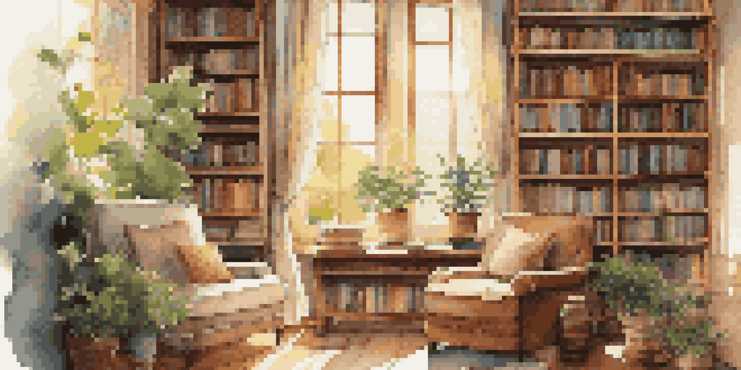 A warm and inviting reading nook with bookshelves, a sunny window, and a comfortable armchair with a cup of tea on a table.