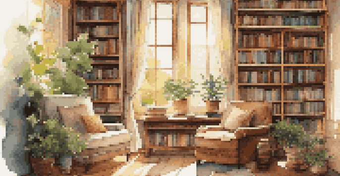 A warm and inviting reading nook with bookshelves, a sunny window, and a comfortable armchair with a cup of tea on a table.