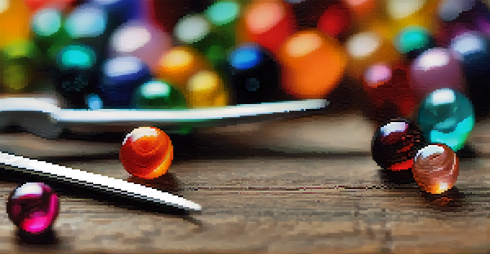 A variety of colorful glass beads displayed on a wooden table, with crafting tools partially visible in the background.