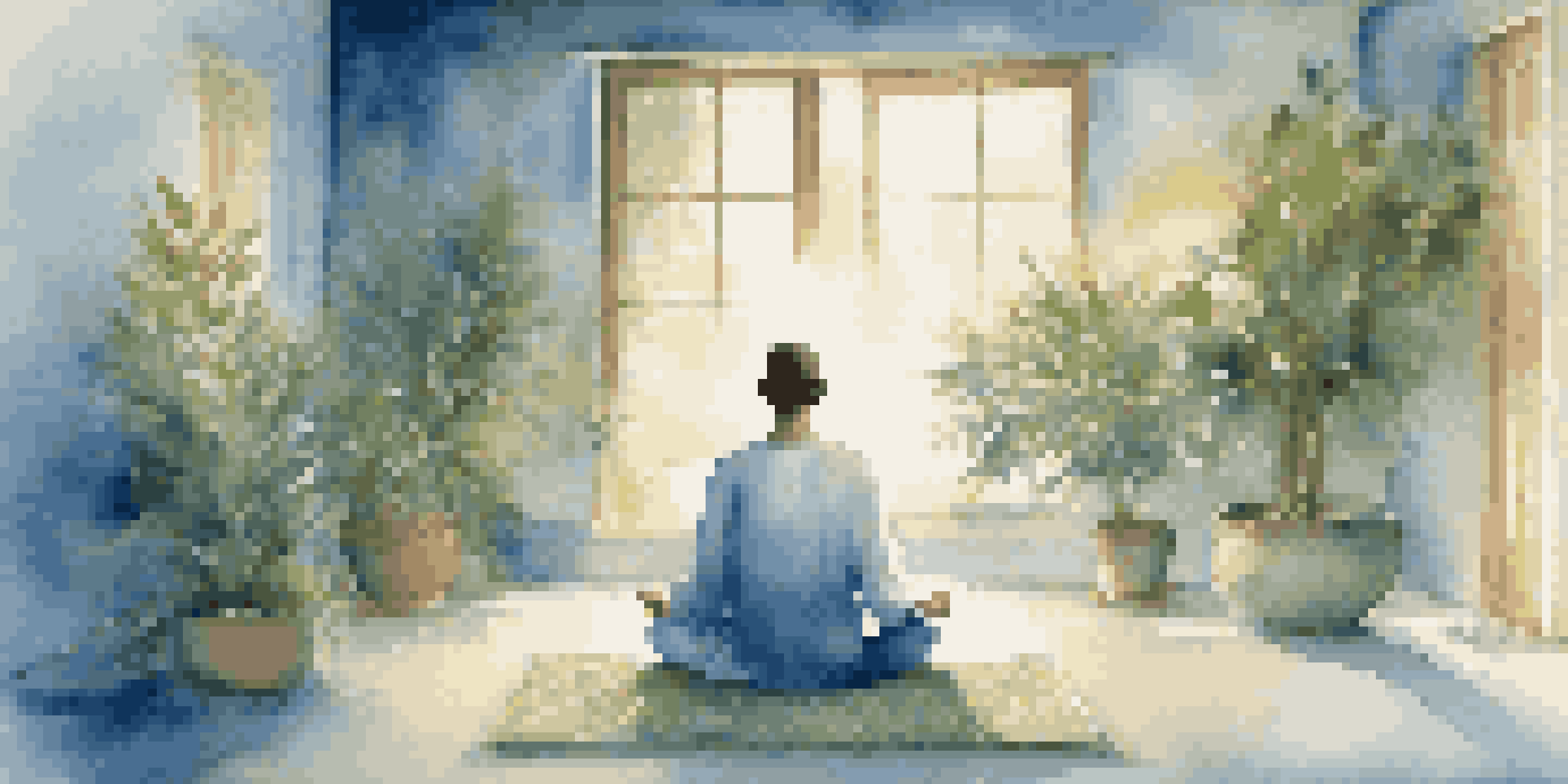A person meditating in a peaceful room filled with plants and soft fabrics, illuminated by candlelight and a warm beam of light.