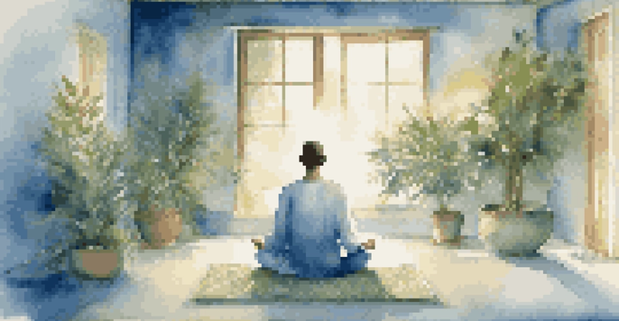 A person meditating in a peaceful room filled with plants and soft fabrics, illuminated by candlelight and a warm beam of light.