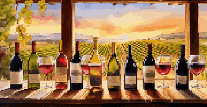 A rustic wooden table with various wine glasses filled with red and white wines, set against a vineyard during sunset.