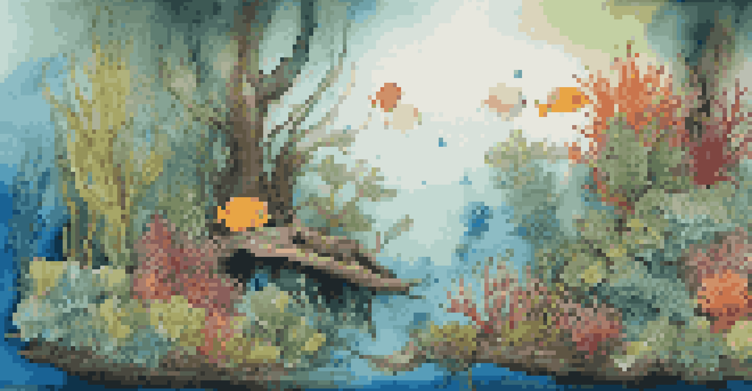 A lively underwater jungle with colorful plants and driftwood, featuring bubbles rising in the water.