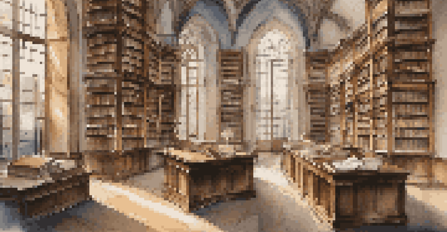 A grand historical library featuring tall bookshelves, wooden study tables, and large arched windows letting in soft light.