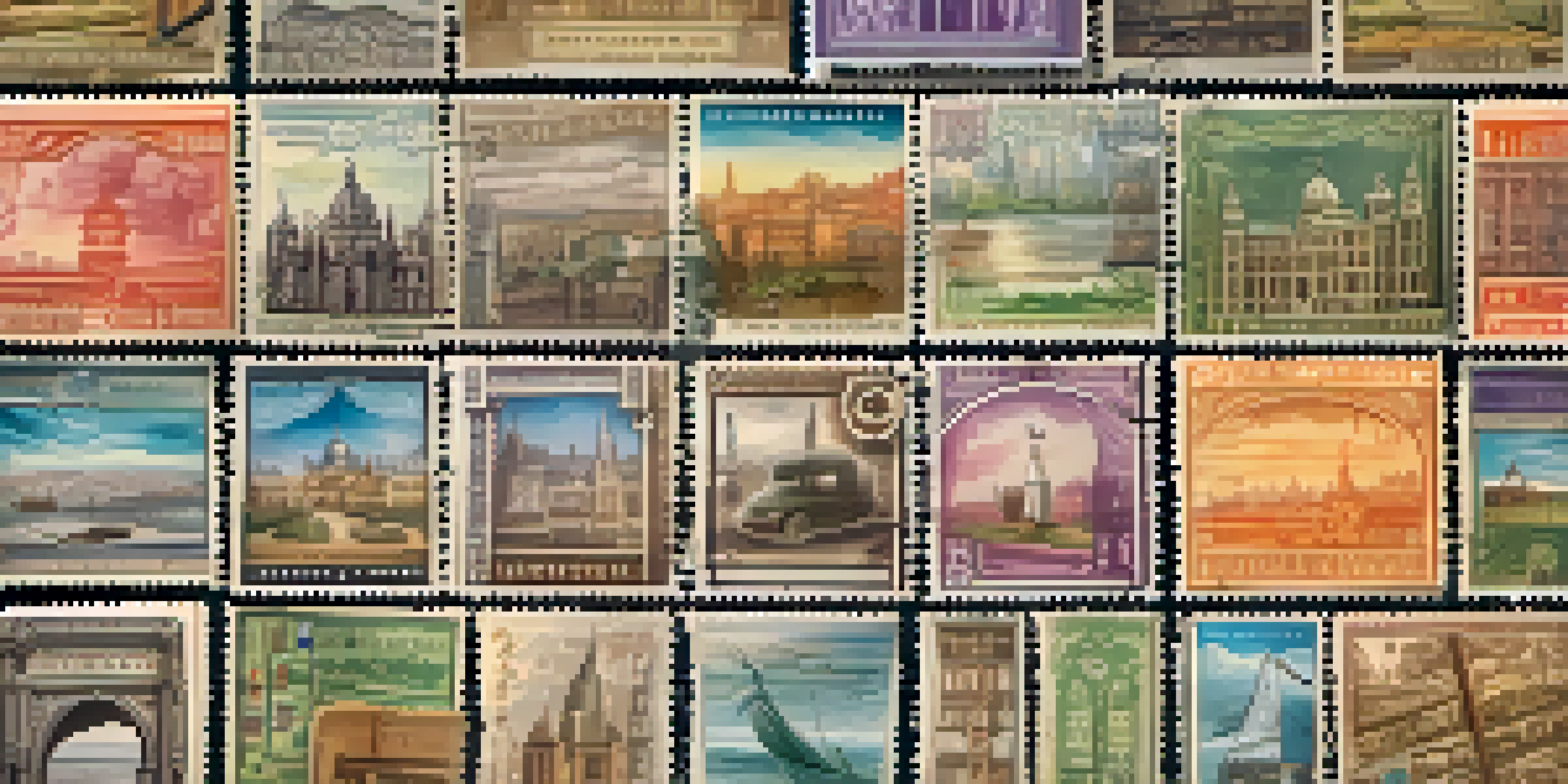 A close-up view of colorful postage stamps in a vintage album, illuminated by soft lighting.