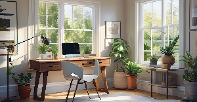 A bright home office with large windows allowing warm natural light to fill the space, featuring a wooden desk, laptop, and potted plants.