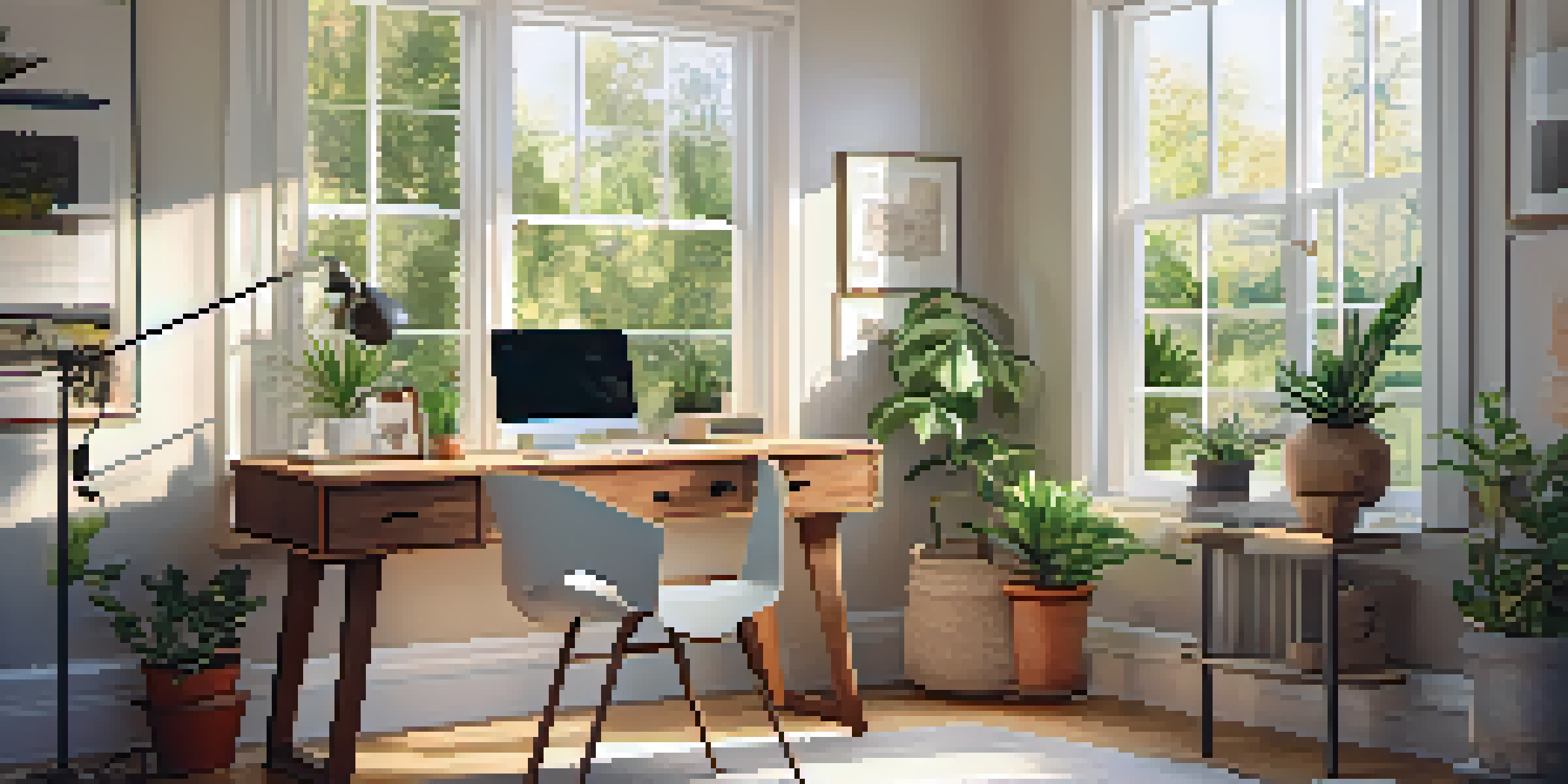 A bright home office with large windows allowing warm natural light to fill the space, featuring a wooden desk, laptop, and potted plants.
