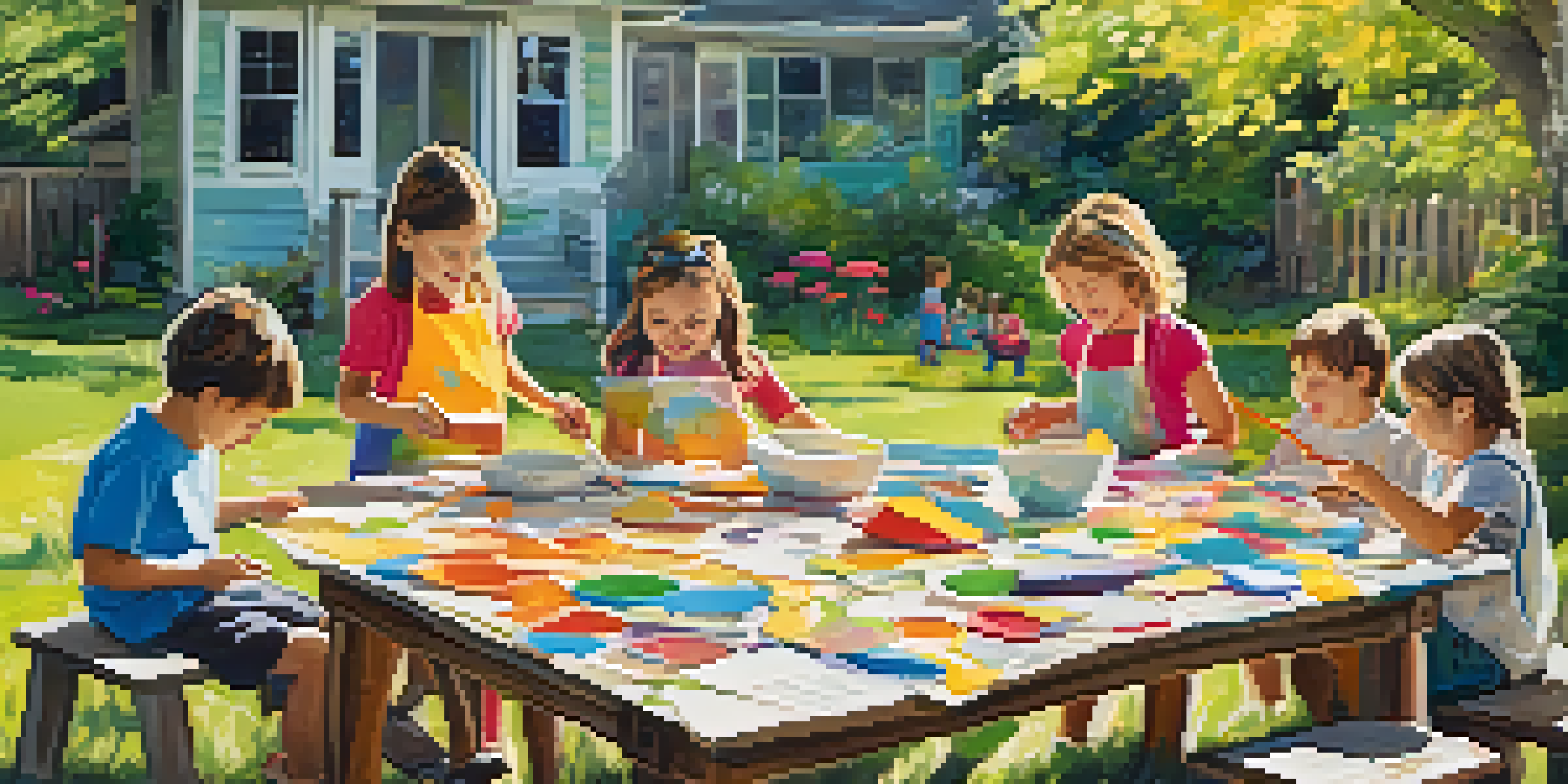 Children creating colorful paper mache sculptures outdoors, surrounded by art supplies and laughter.