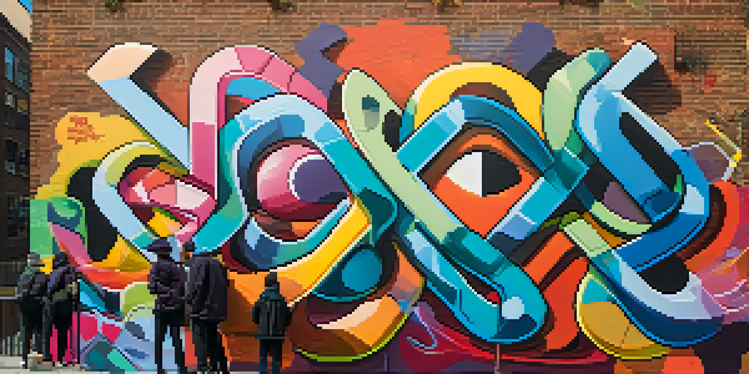 A colorful street art mural on a brick wall showcasing abstract shapes and a social message, with people in the foreground.