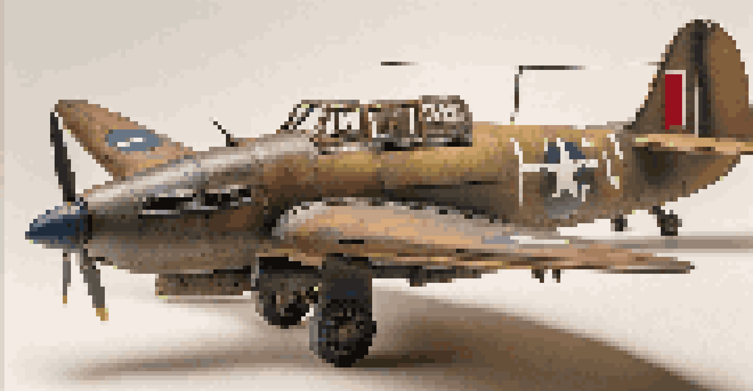 A completed scale model of a WWII aircraft displayed on a wooden base with detailed weathering.
