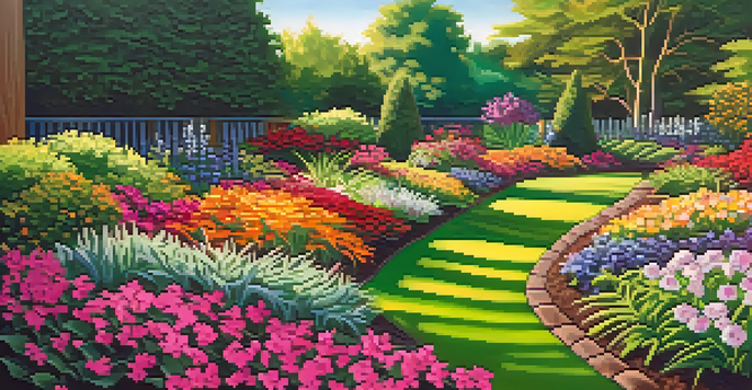 A colorful garden with organic mulch spread around various flowers and plants, enhanced by soft sunlight.