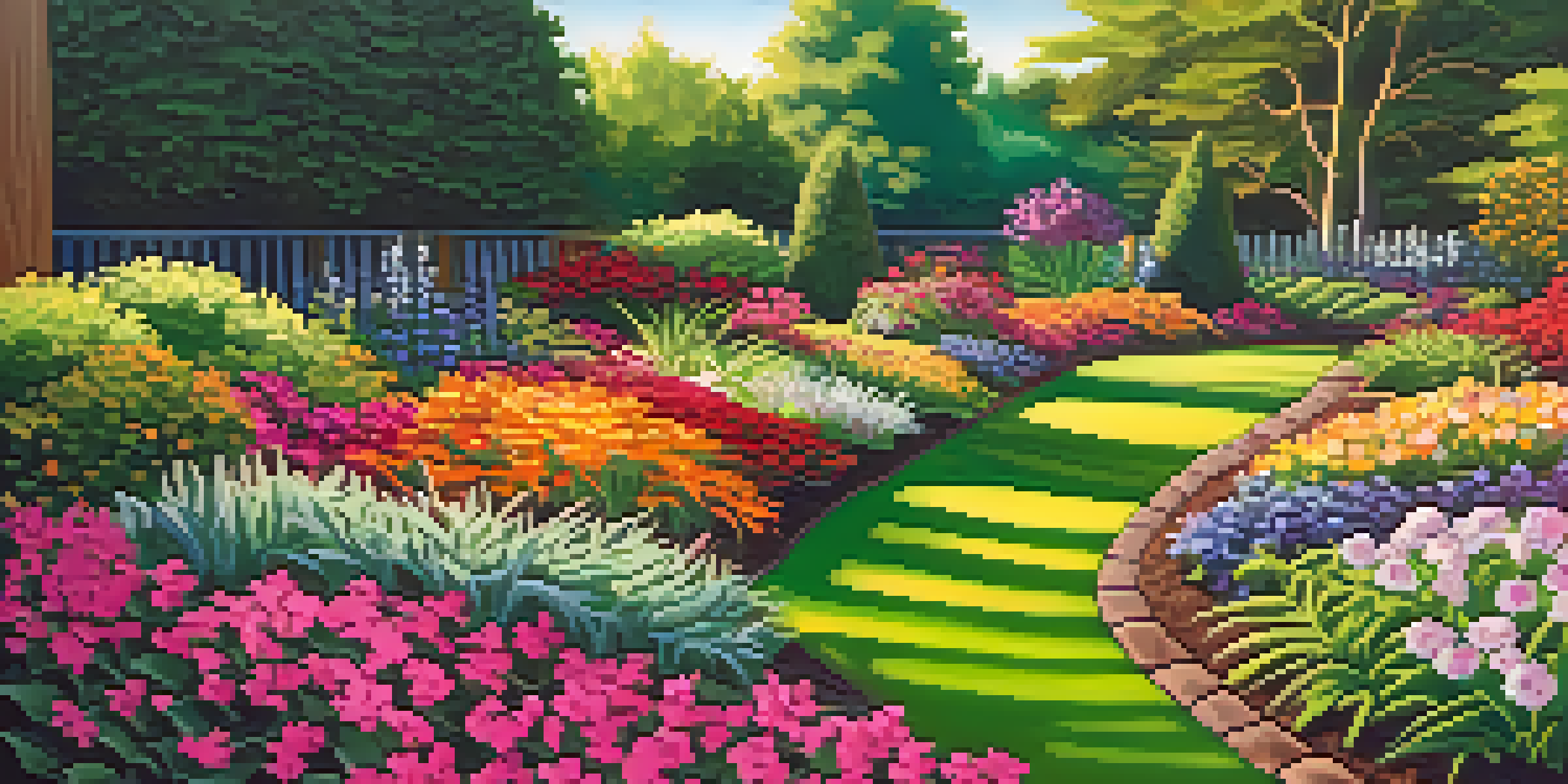 A colorful garden with organic mulch spread around various flowers and plants, enhanced by soft sunlight.