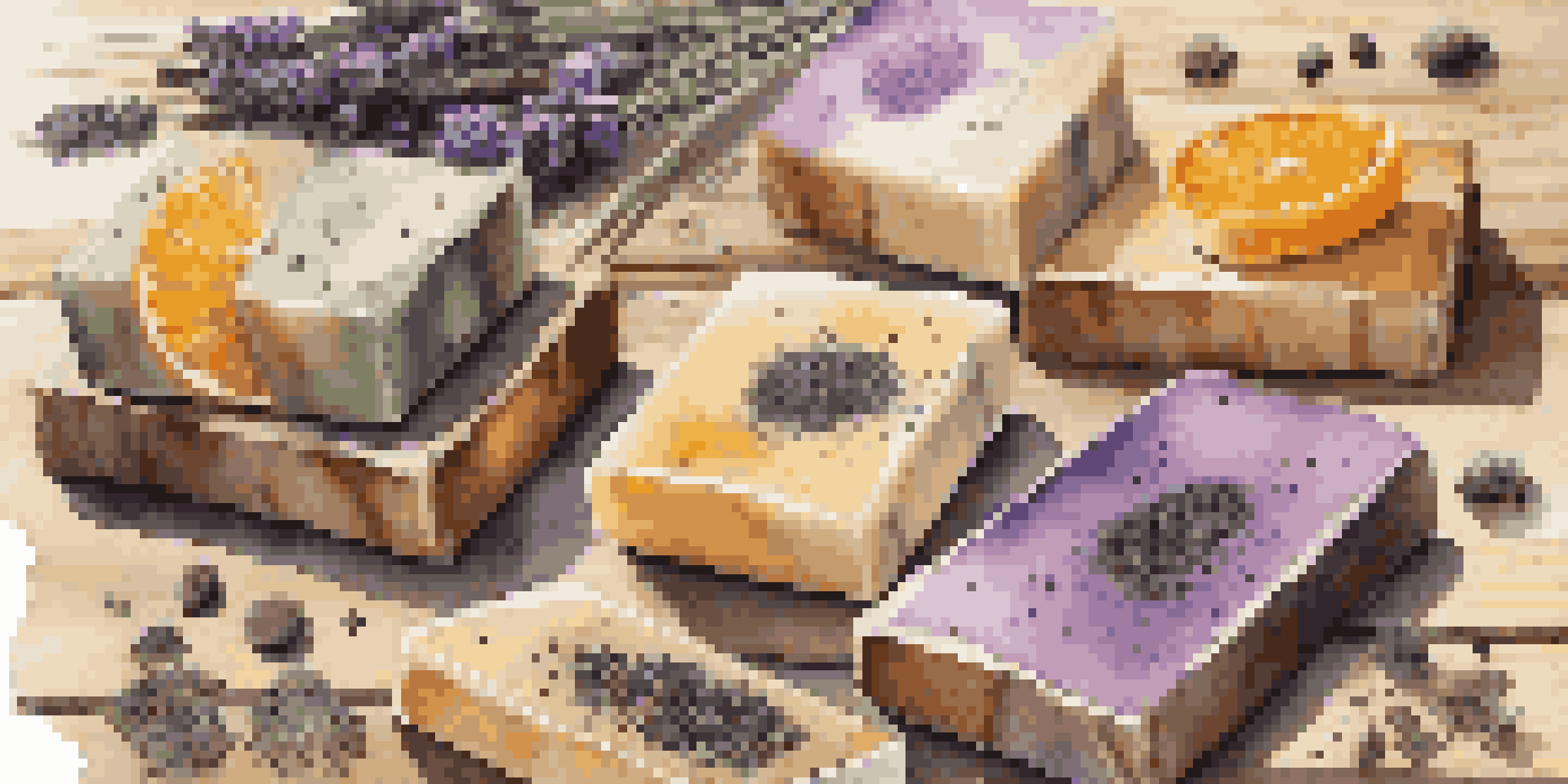 A collection of handmade soaps with natural exfoliants like coffee grounds and oatmeal, arranged on a wooden table with lavender and citrus slices.