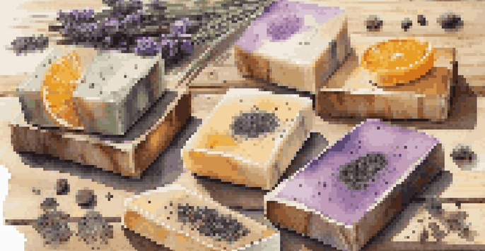 A collection of handmade soaps with natural exfoliants like coffee grounds and oatmeal, arranged on a wooden table with lavender and citrus slices.