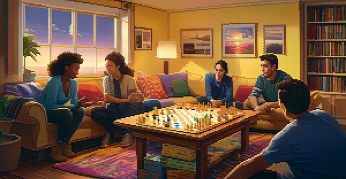A group of friends gathered in a warm living room, playing a board game on a wooden table, with shelves of games in the background and a sunset outside the window.
