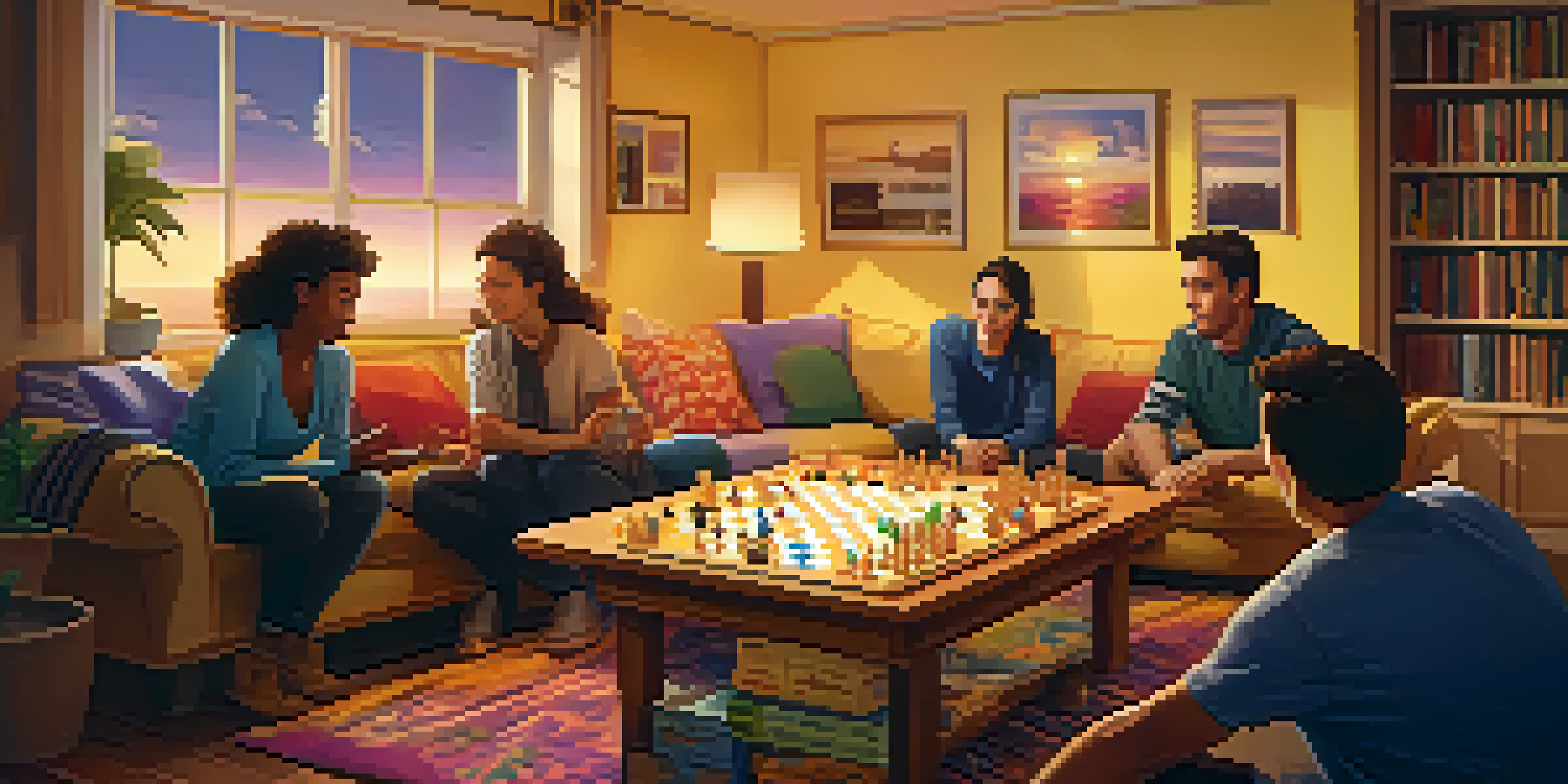 A group of friends gathered in a warm living room, playing a board game on a wooden table, with shelves of games in the background and a sunset outside the window.