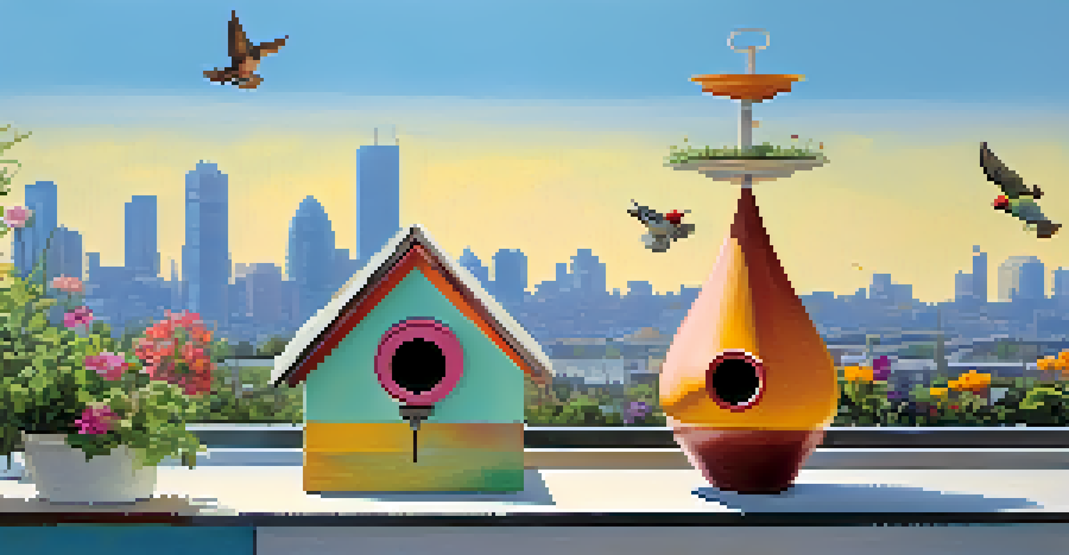 An innovative birdhouse with ventilation holes and a feeding station in an urban garden, surrounded by colorful flowers and a city skyline.