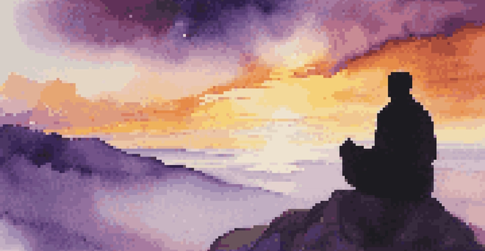 A person meditating on a cliff at sunset with colorful skies and ethereal light suggesting astral projection.