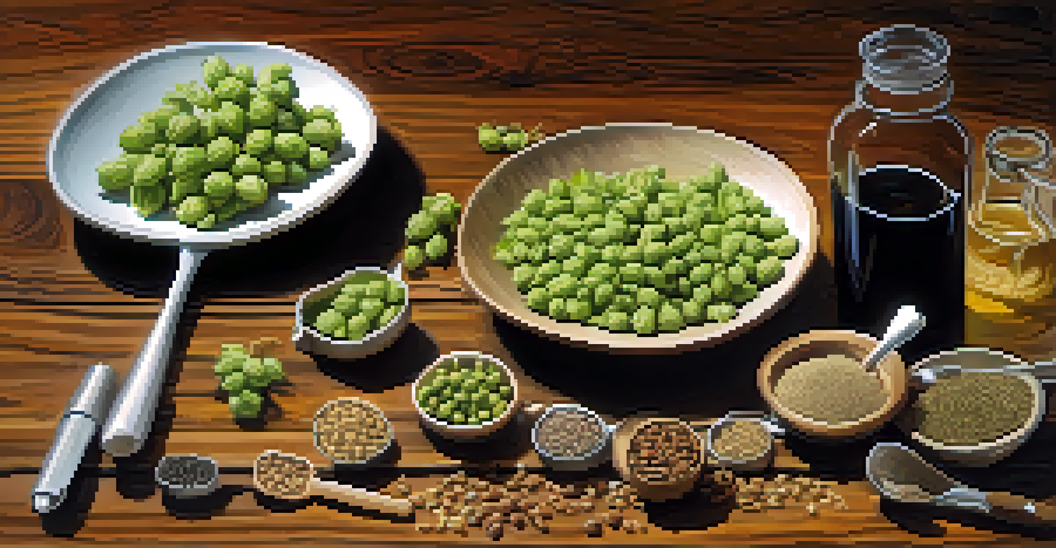 Close-up of premium brewing ingredients like organic malt and hops on a rustic wooden surface, with warm lighting.