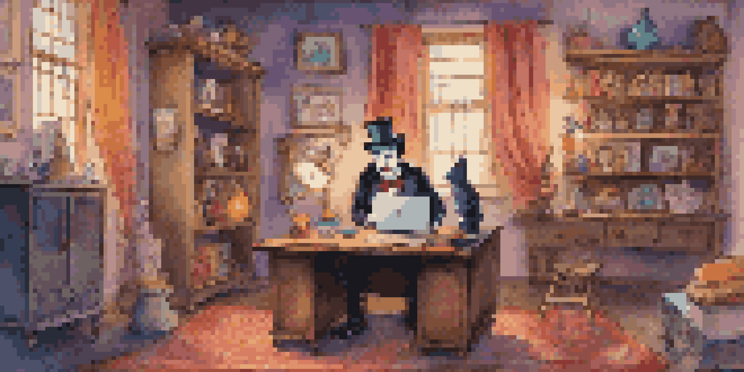 A magician performing a virtual magic show in a cozy home office, filled with colorful props and a laptop on the desk.