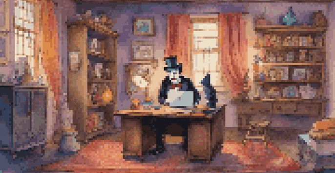 A magician performing a virtual magic show in a cozy home office, filled with colorful props and a laptop on the desk.