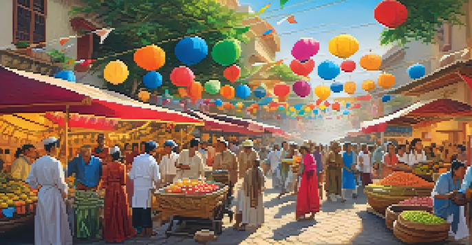 A diverse group of travelers enjoying a cultural festival with colorful decorations and traditional clothing in a lively market.