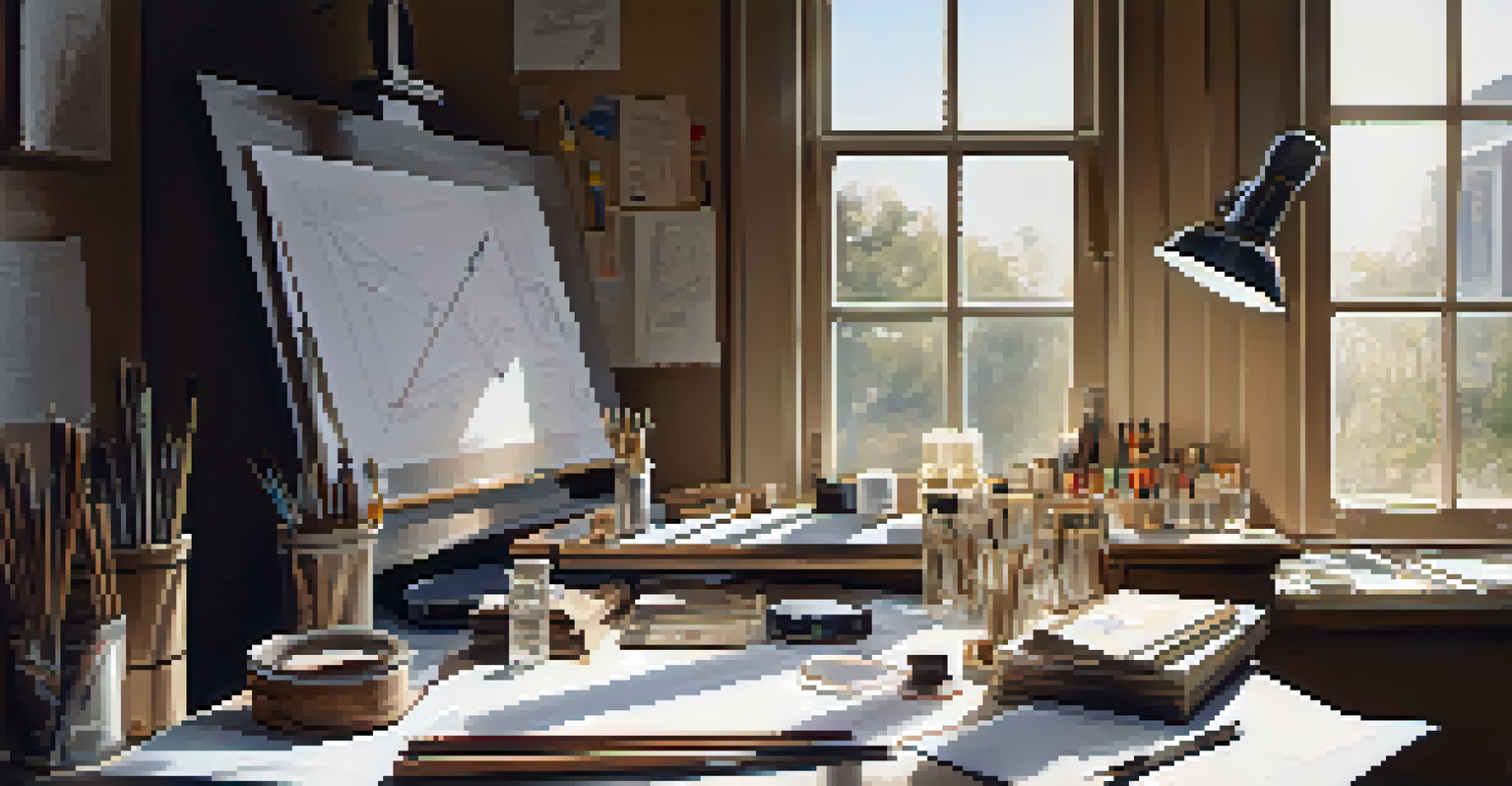An artist's workspace showcasing sketches and tools for coin design, illuminated by natural light from a window.