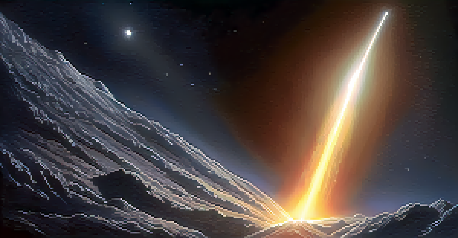 A detailed close-up of a comet with a glowing coma and tail, illuminated by the Sun in the background, set against a dark space backdrop.