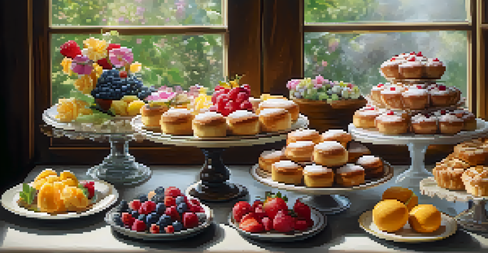 A variety of baked pastries including tarts and cookies displayed on a wooden table, decorated with fruits and flowers, illuminated by soft natural light.
