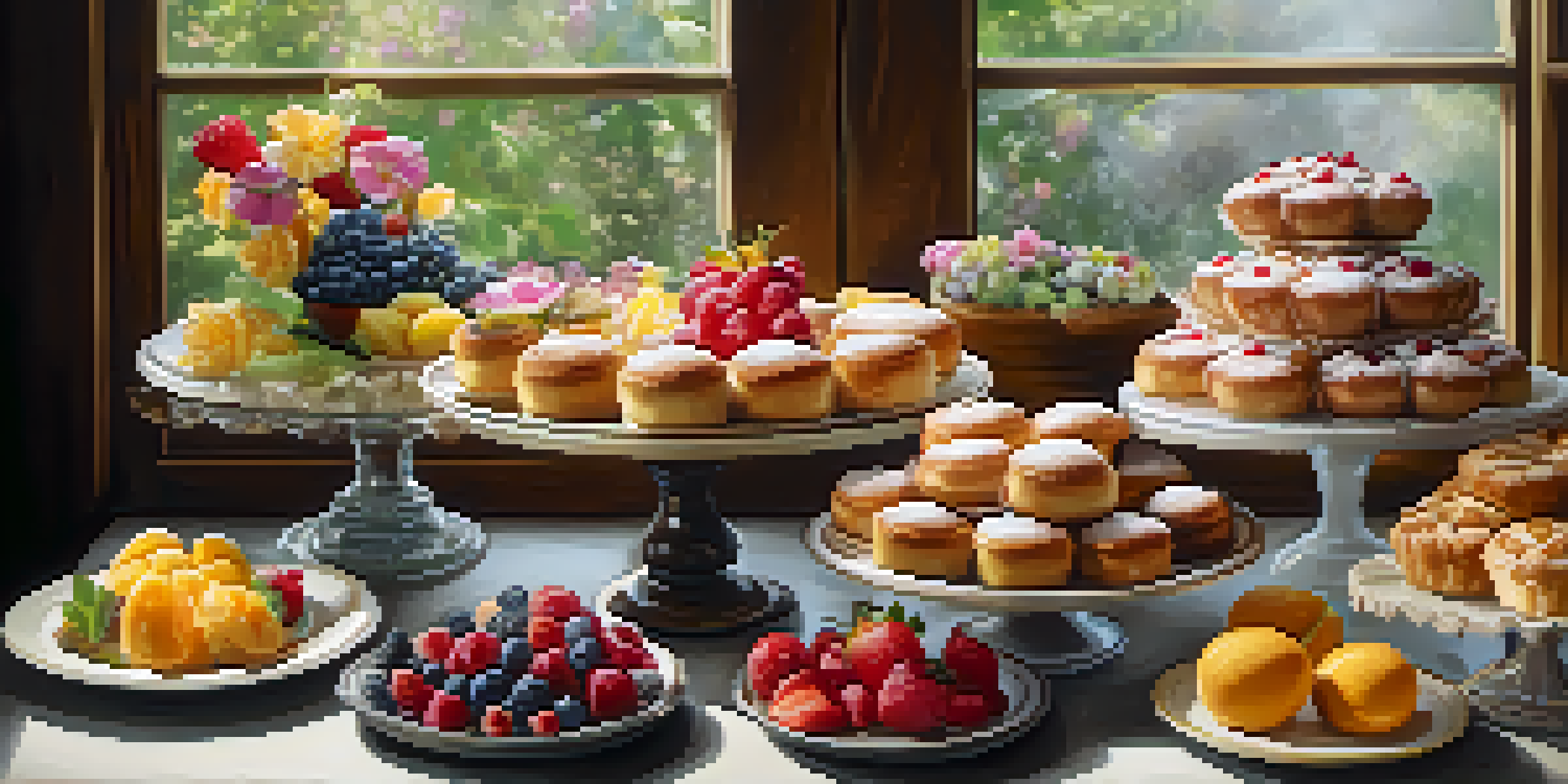 A variety of baked pastries including tarts and cookies displayed on a wooden table, decorated with fruits and flowers, illuminated by soft natural light.