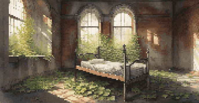 An abandoned asylum with crumbling walls and overgrown ivy, illuminated by sunlight filtering through broken windows.