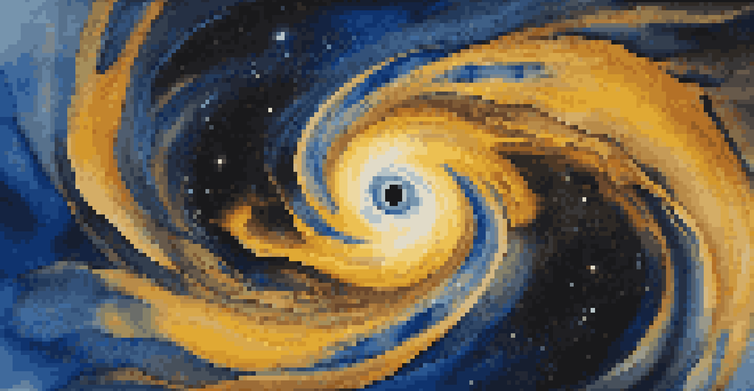 An abstract representation of black holes colliding, with rippling gravitational waves and a starry colorful background.