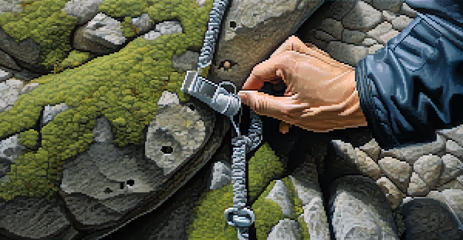 Close-up of a climber placing protective gear in a rock crack.