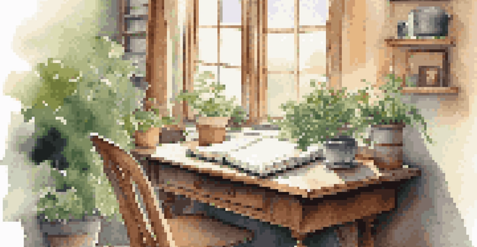 A cozy writing corner with a wooden desk, a cup of coffee, and an open journal, illuminated by morning sunlight.