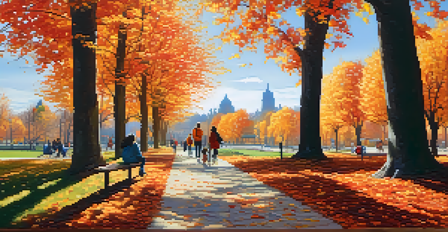 An autumn park filled with colorful trees and people enjoying the outdoors along a winding path.
