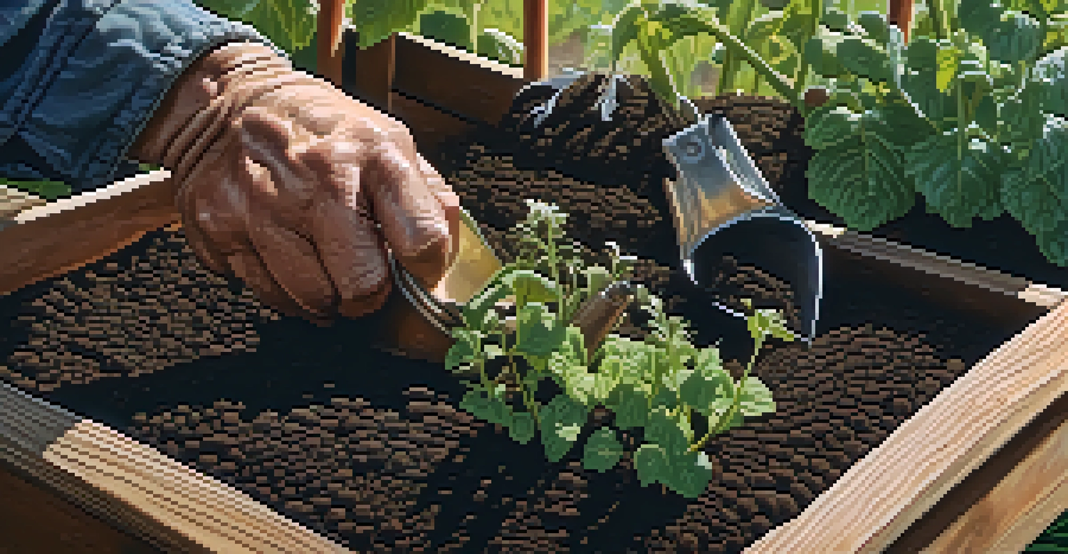 A gardener's hands planting seeds in dark soil in a raised garden bed, with gardening tools in the background.