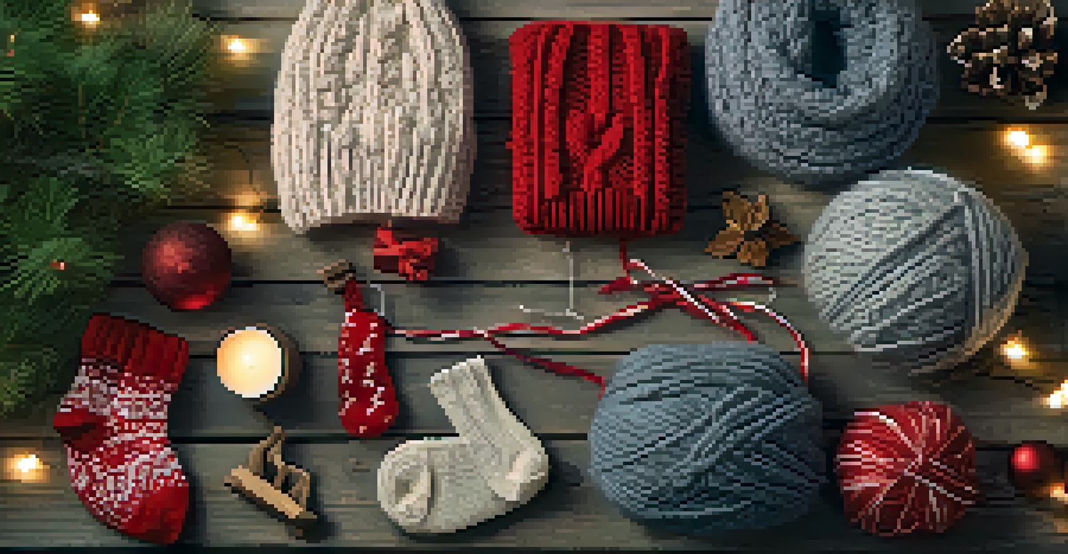 A collection of hand-knit winter gifts on a wooden table decorated with evergreen branches and lights.