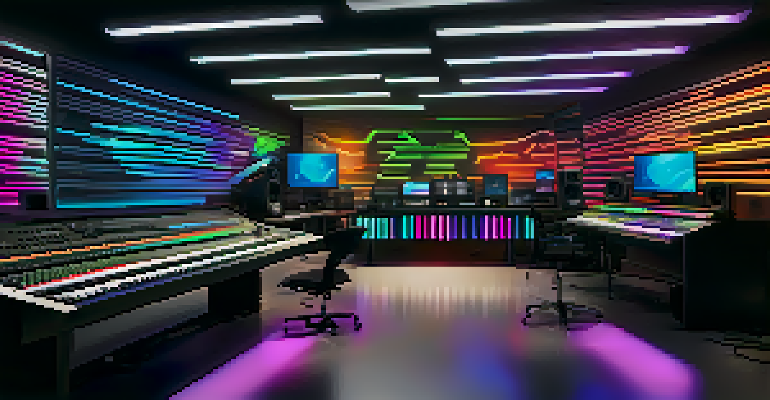 A modern sound design studio with high-tech equipment, colorful LED lights, and sound designers working together on audio projects.