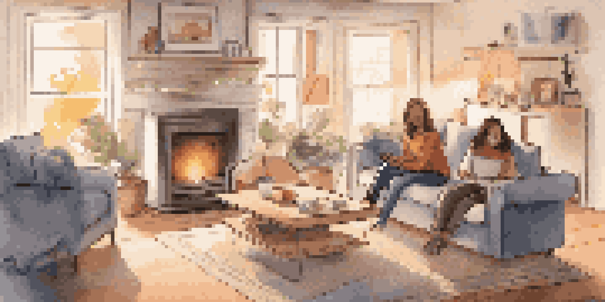A cozy living room with smart home devices like a speaker, thermostat, and smart TV, while a family enjoys a movie together.