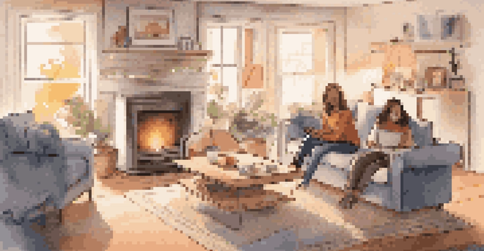 A cozy living room with smart home devices like a speaker, thermostat, and smart TV, while a family enjoys a movie together.