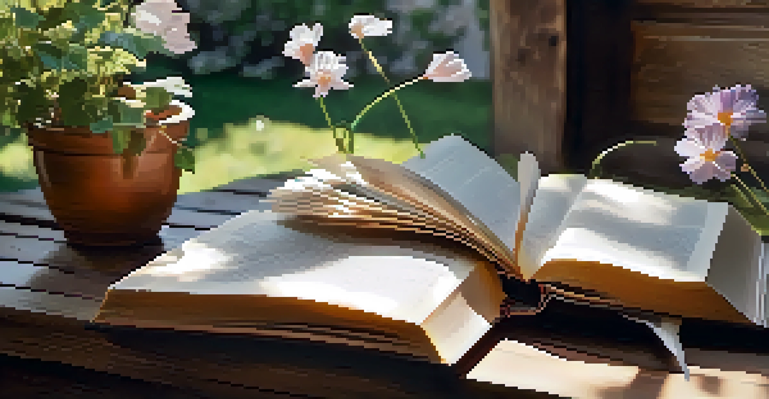 An open book on a rustic wooden table with fluttering pages, set against a blurred garden background filled with flowers and greenery.