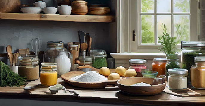 An organized baking workspace with ingredients in glass containers, measuring cups, and seasonal fruits on a wooden counter.