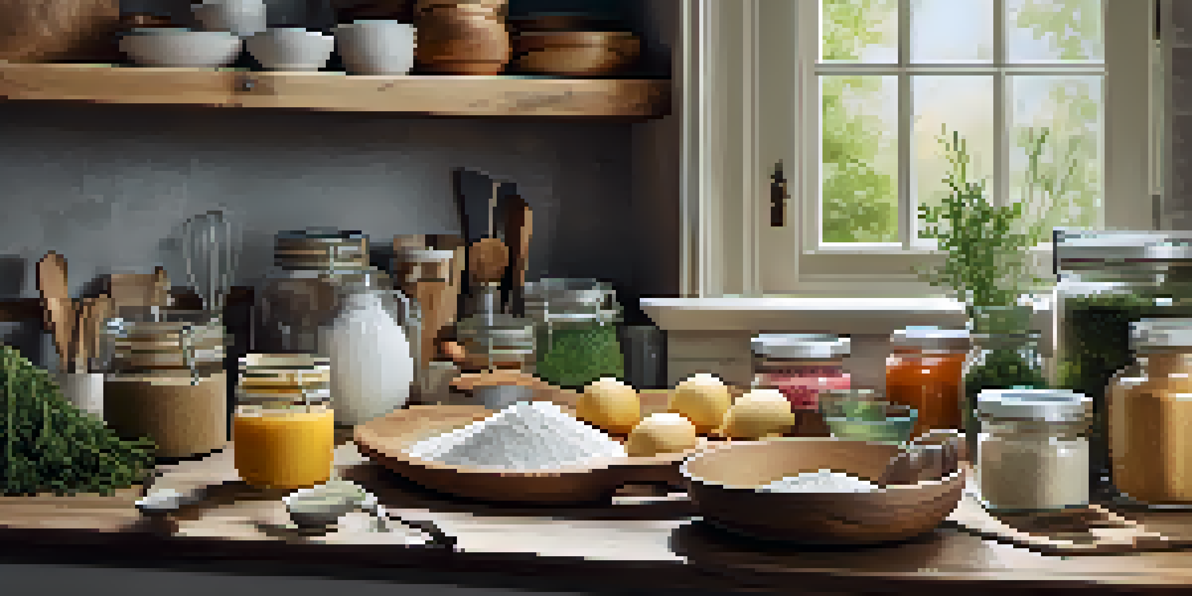 An organized baking workspace with ingredients in glass containers, measuring cups, and seasonal fruits on a wooden counter.