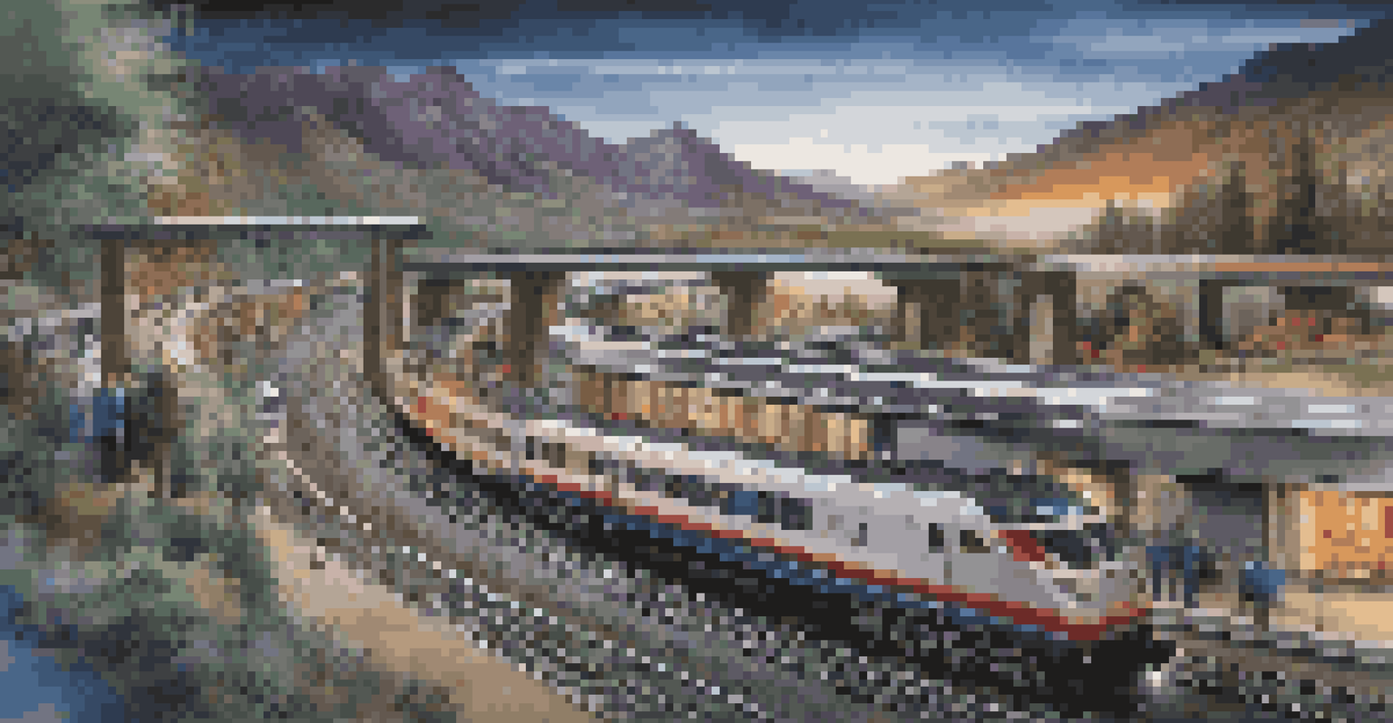 A contemporary model railway with electric trains and intricate scenery, illuminated to showcase the layout's detail.