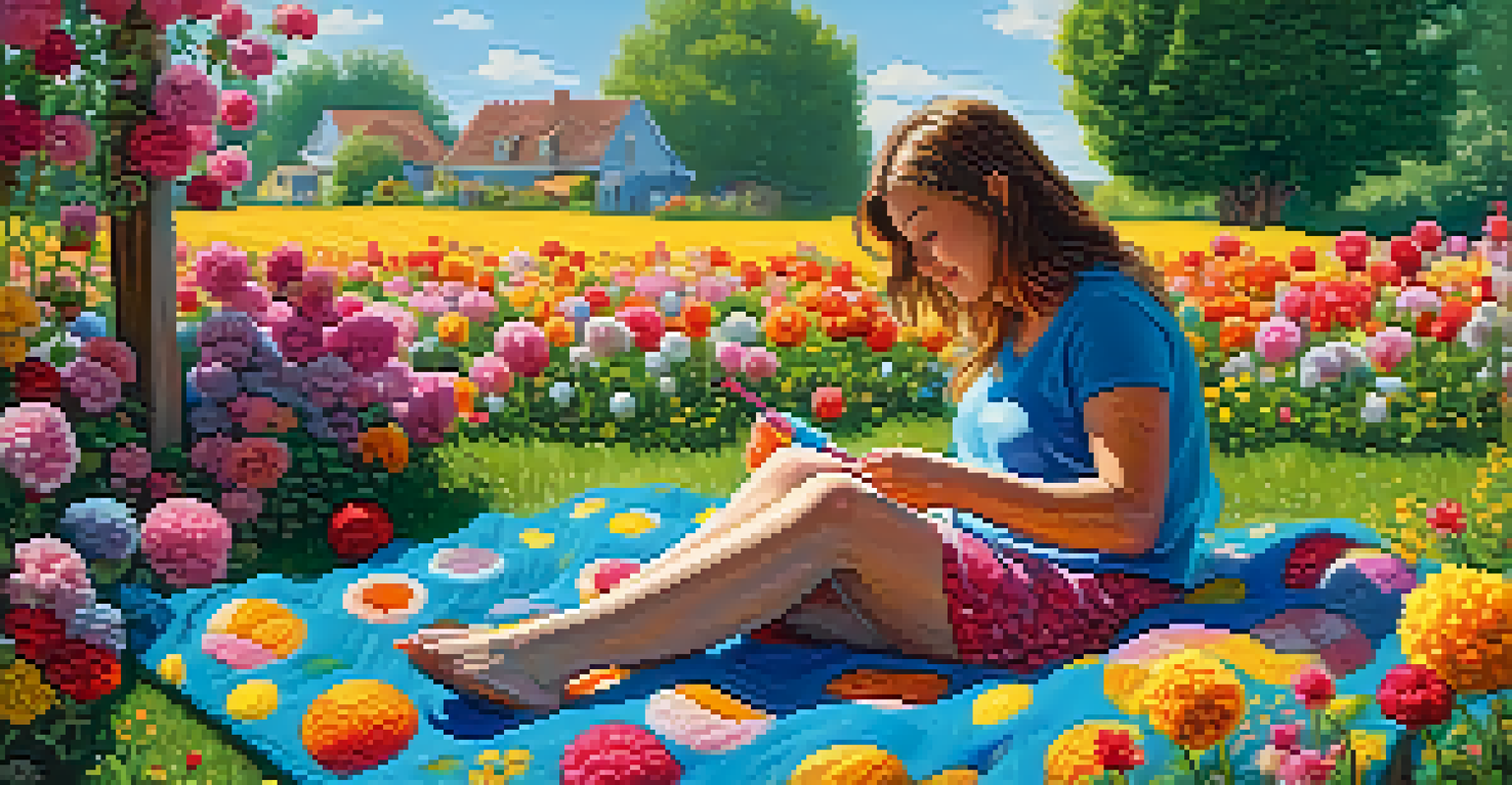 A person knitting a colorful cotton top in a vibrant garden under a sunny sky.