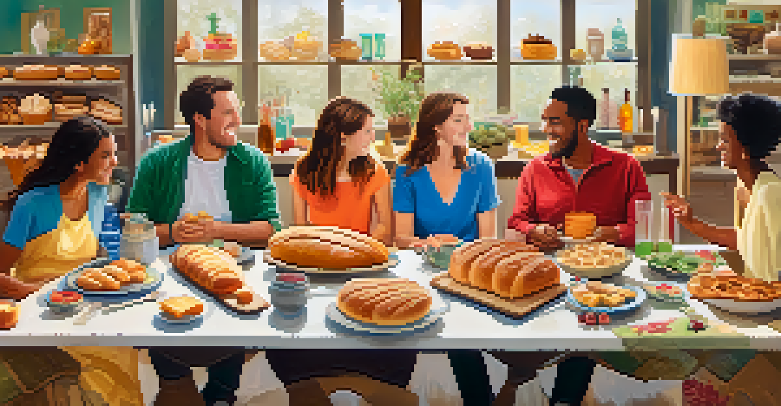 A joyful bread tasting party with various breads and toppings on a table, with people sharing and enjoying the moment.