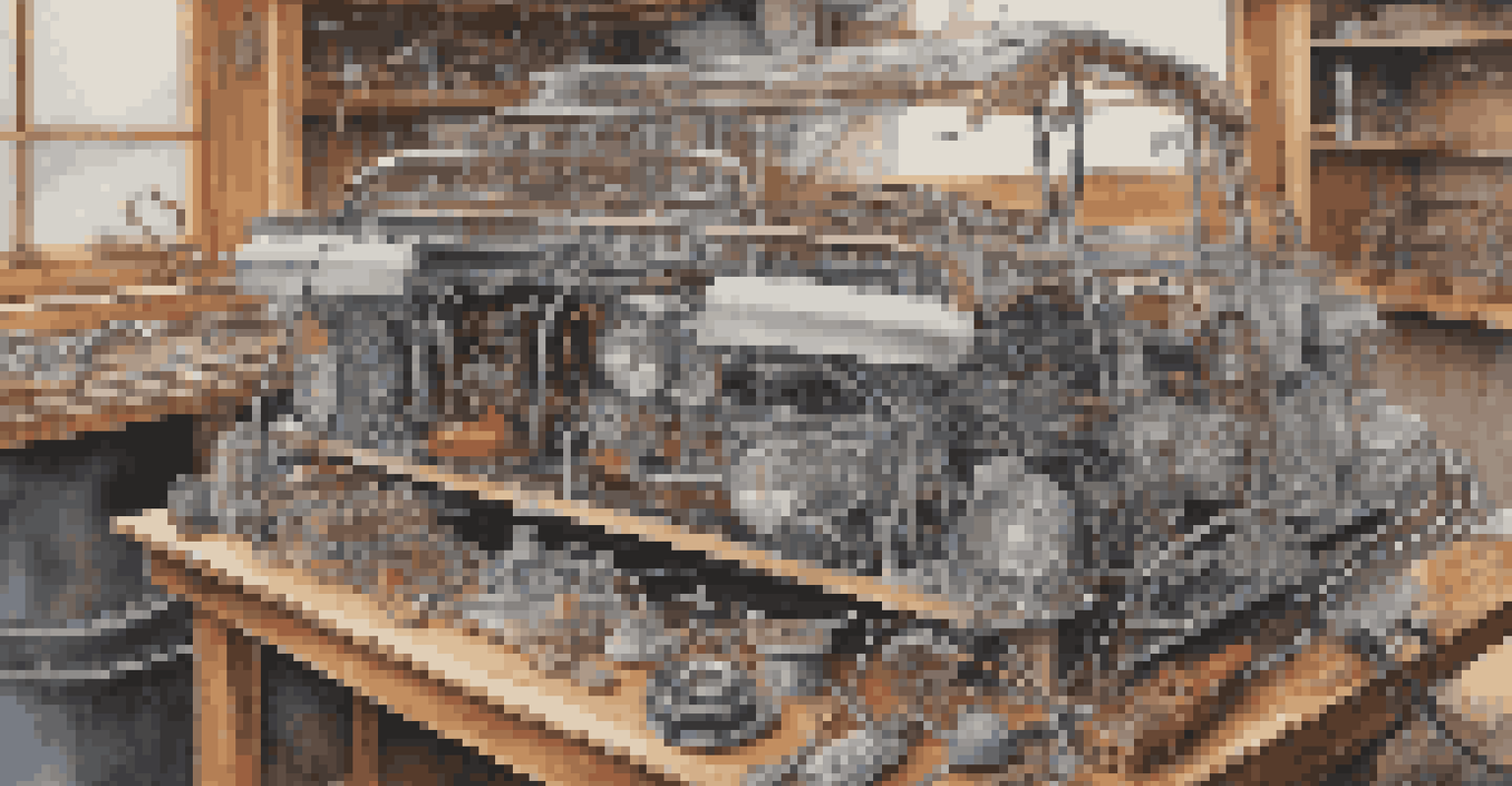 A close-up of a vintage car's electrical system with detailed wiring and tools on a workbench, illuminated by natural light.